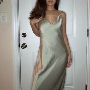 Elegant Moss color Silky  Maxi Dress